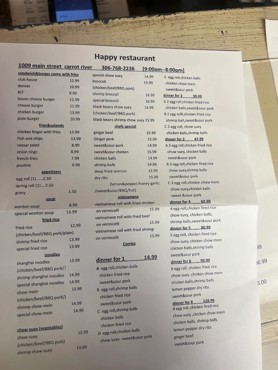 Menu, Happy Restaurant