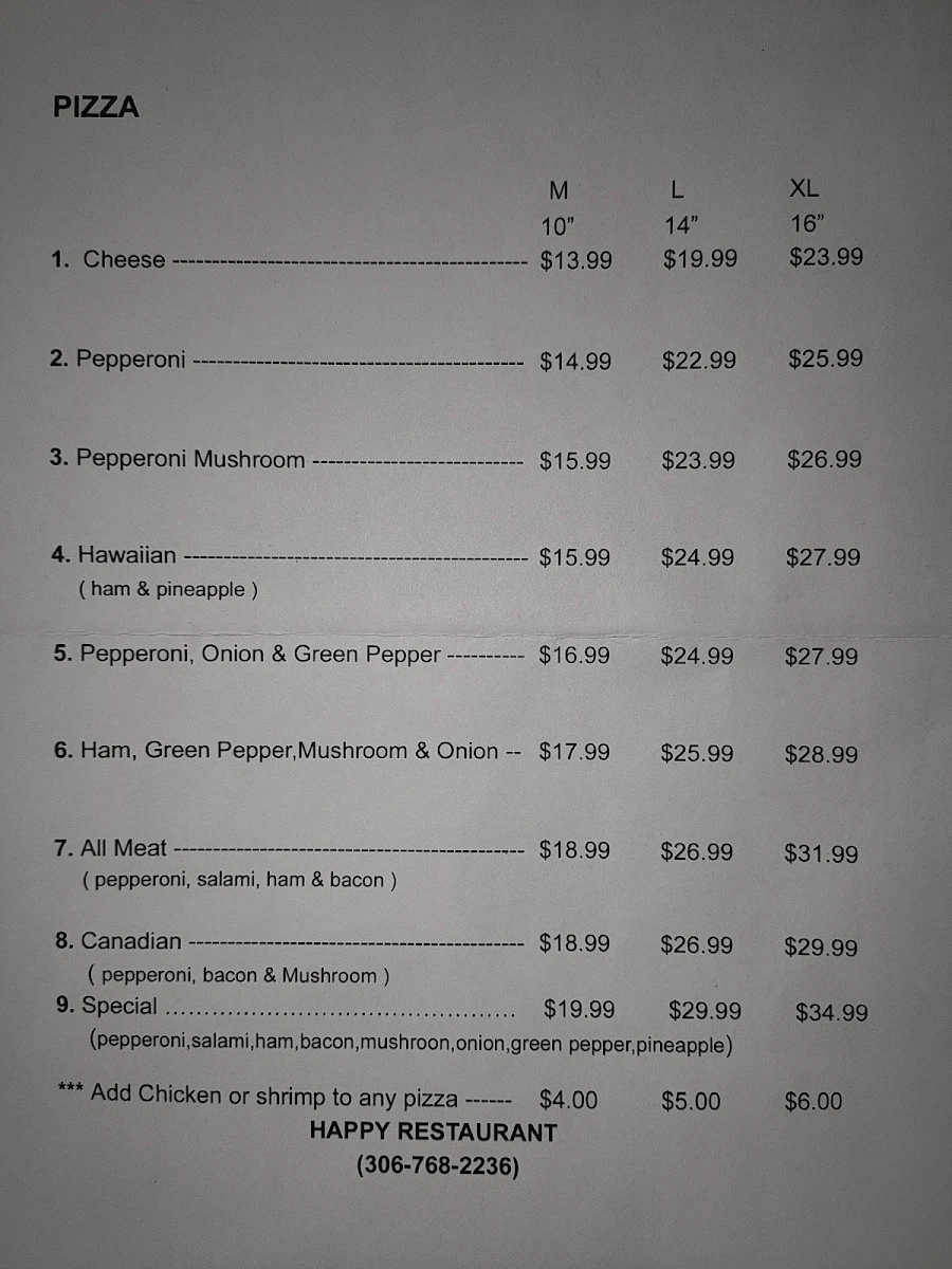 Menu, Happy Restaurant