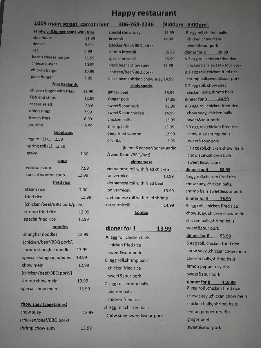 Menu, Happy Restaurant