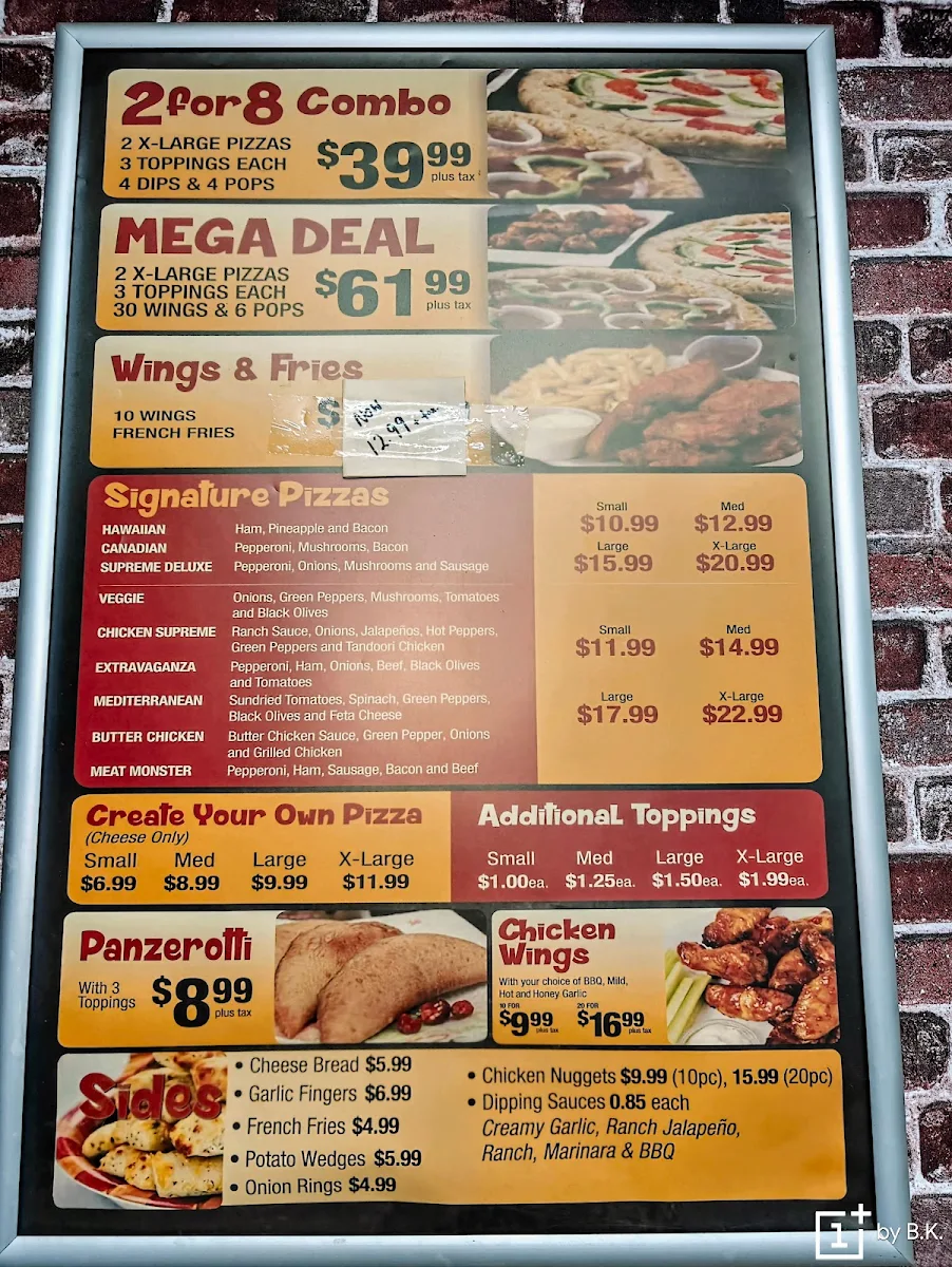 Menu, Pizzano Pizza & Wings