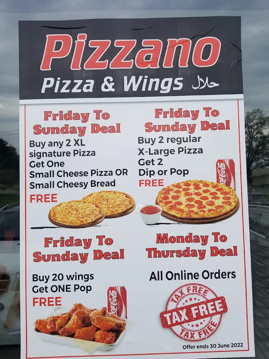 Menu, Pizzano Pizza & Wings
