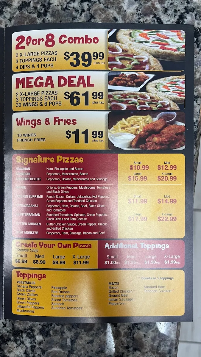 Menu, Pizzano Pizza & Wings