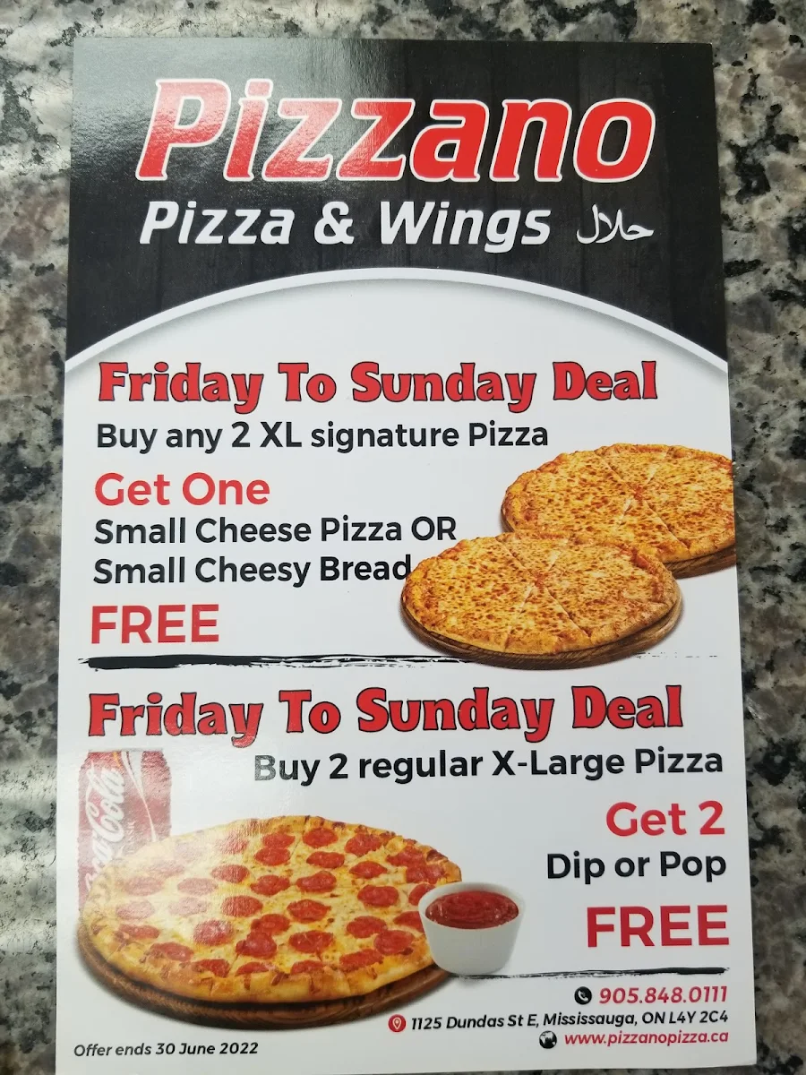 Menu, Pizzano Pizza & Wings