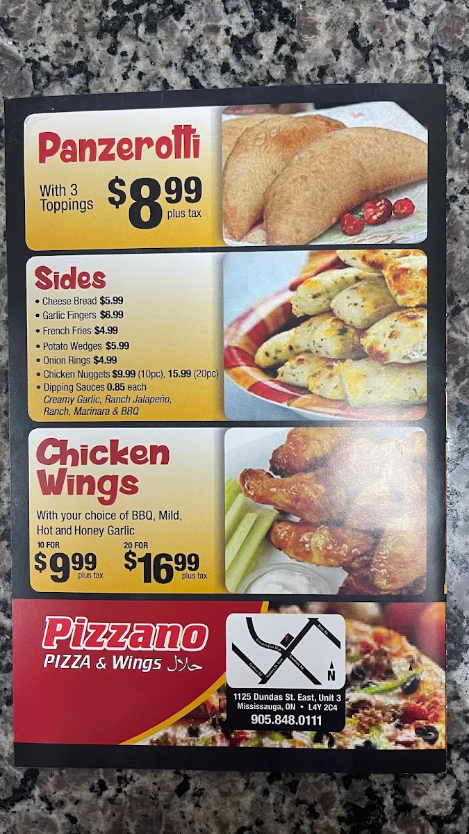 Menu, Pizzano Pizza & Wings