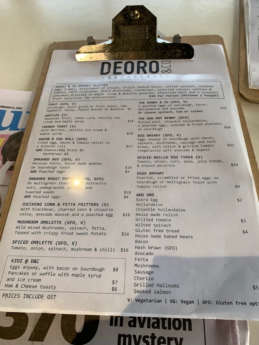 Menu, Cafe Delaray & Co