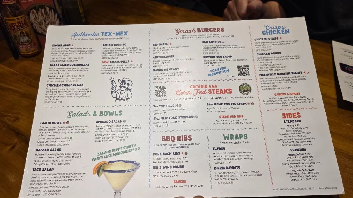 Menu, Lone Star Texas Grill
