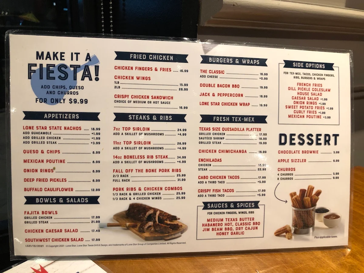 Menu, Lone Star Texas Grill