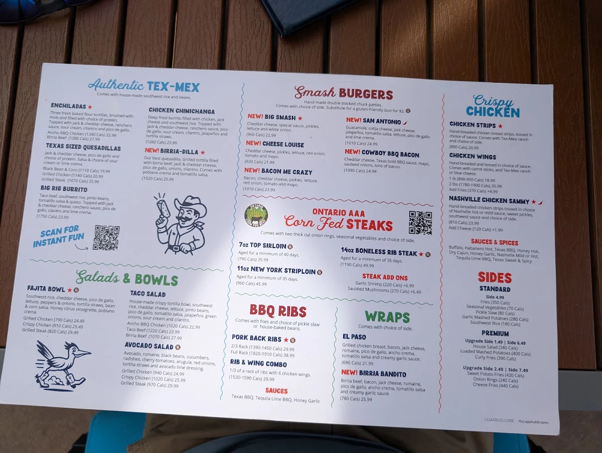 Menu, Lone Star Texas Grill