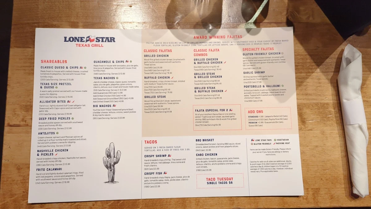 Menu, Lone Star Texas Grill