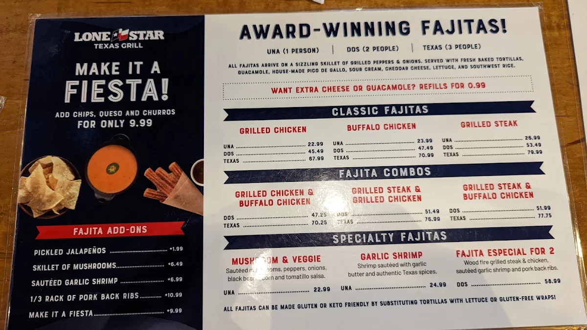 Menu, Lone Star Texas Grill