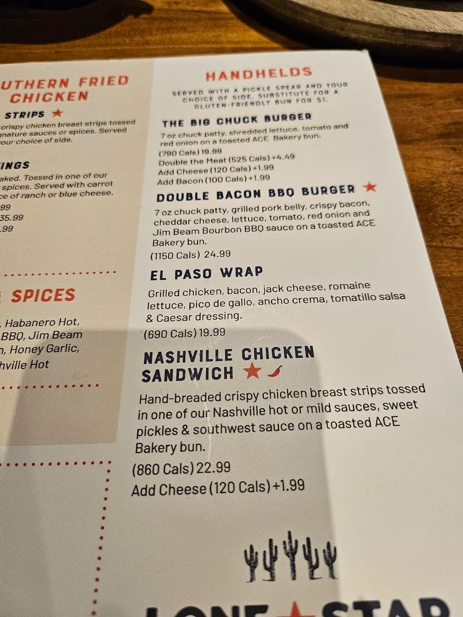 Menu, Lone Star Texas Grill