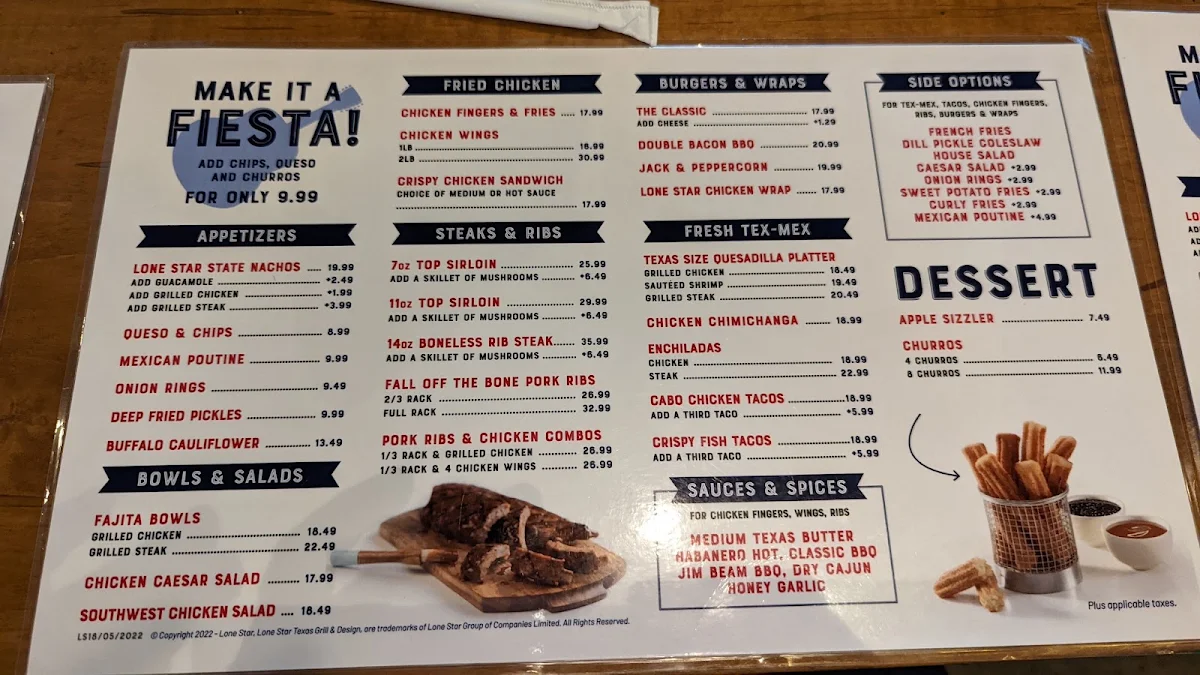 Menu, Lone Star Texas Grill
