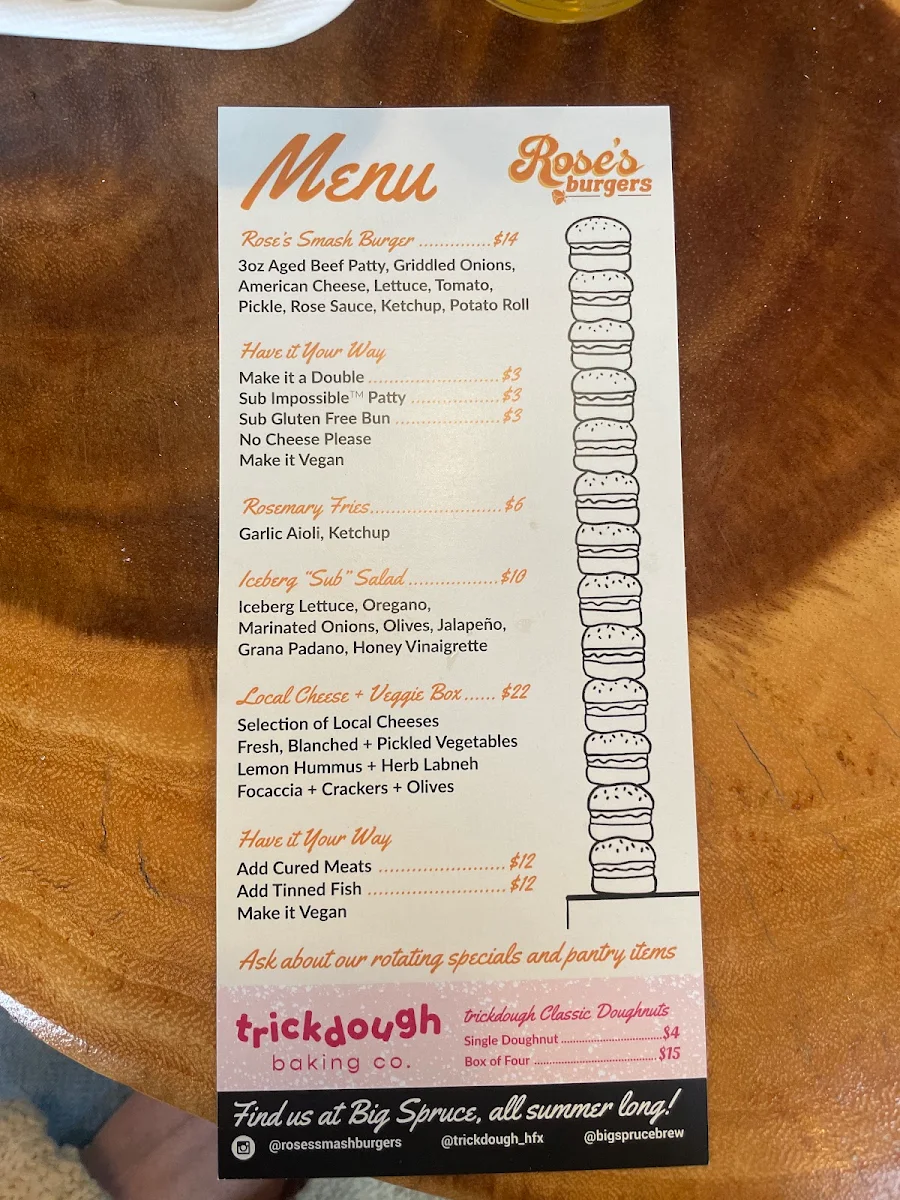 Menu, Rose's Smash Burgers