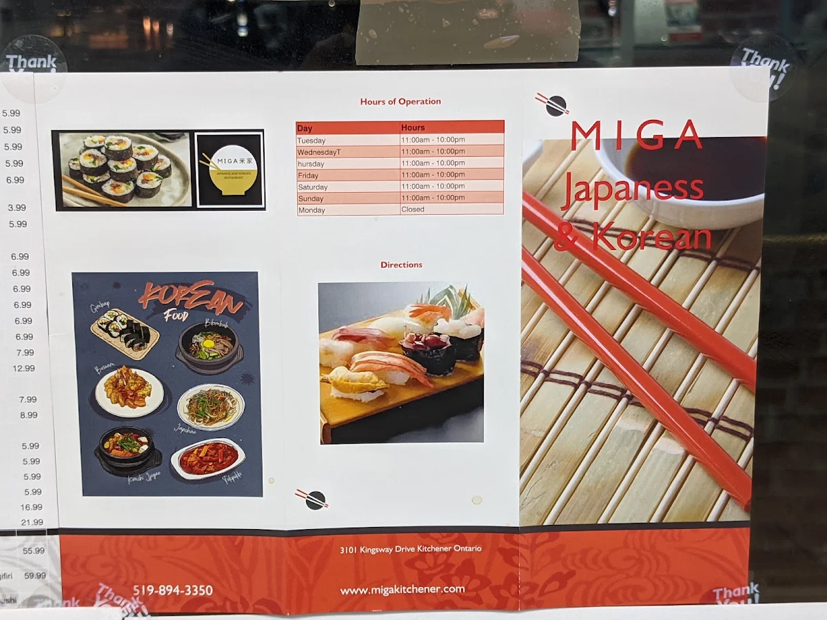 Menu, Miga Waterloo Japanese and Korean Restaurant