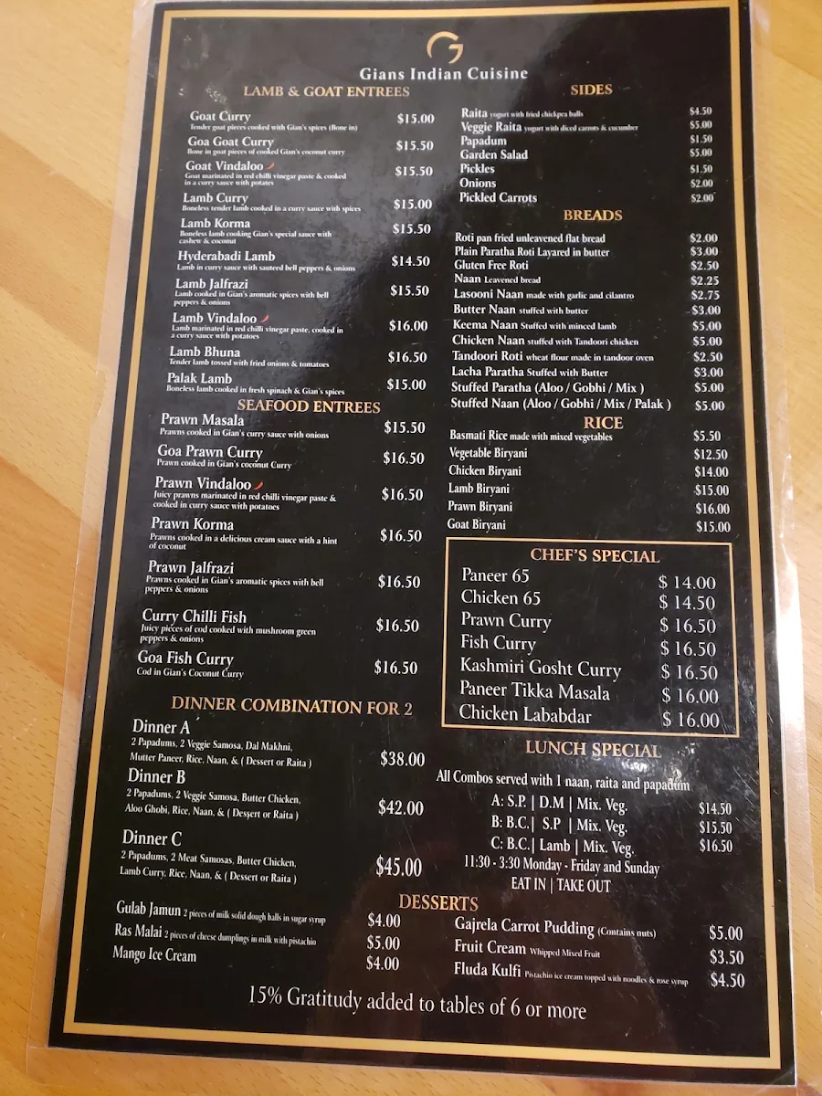 Menu, Gian's Indian Cuisine