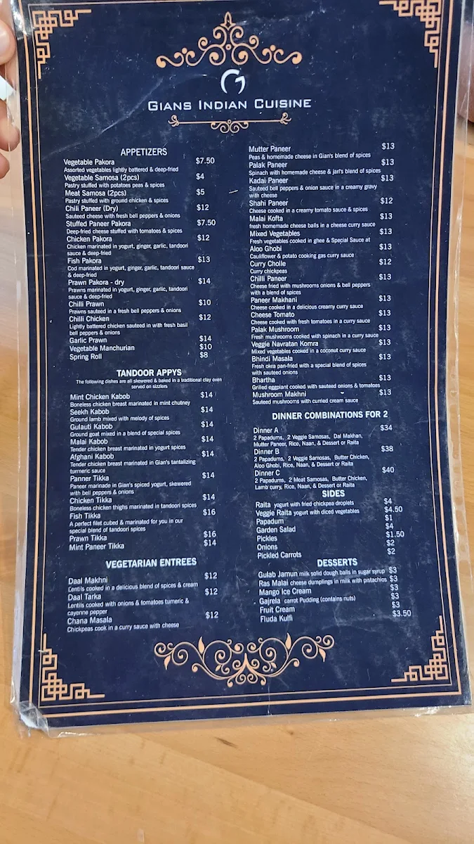 Menu, Gian's Indian Cuisine