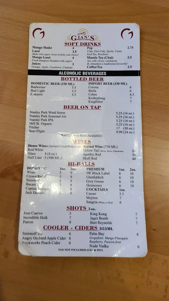 Menu, Gian's Indian Cuisine