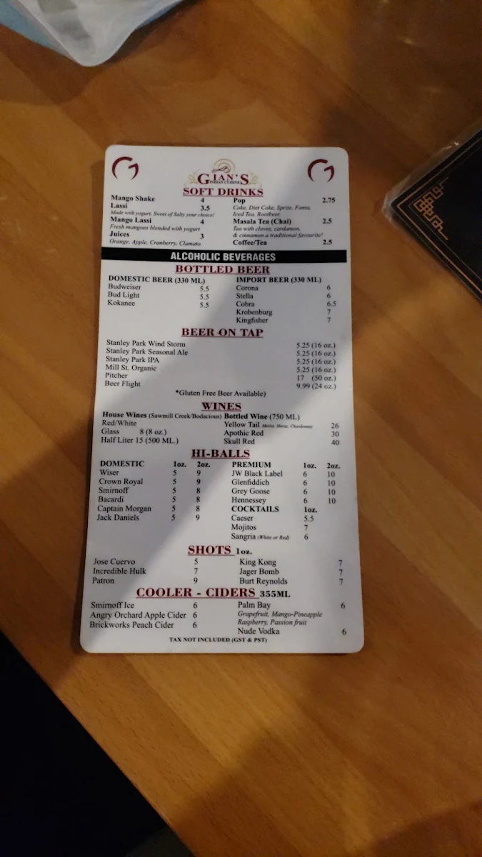 Menu, Gian's Indian Cuisine