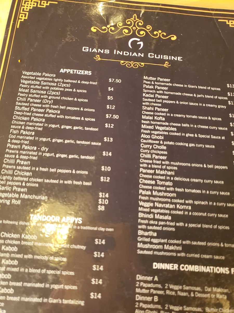 Menu, Gian's Indian Cuisine