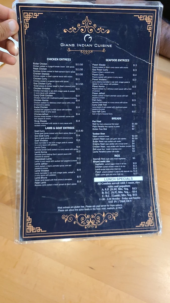 Menu, Gian's Indian Cuisine