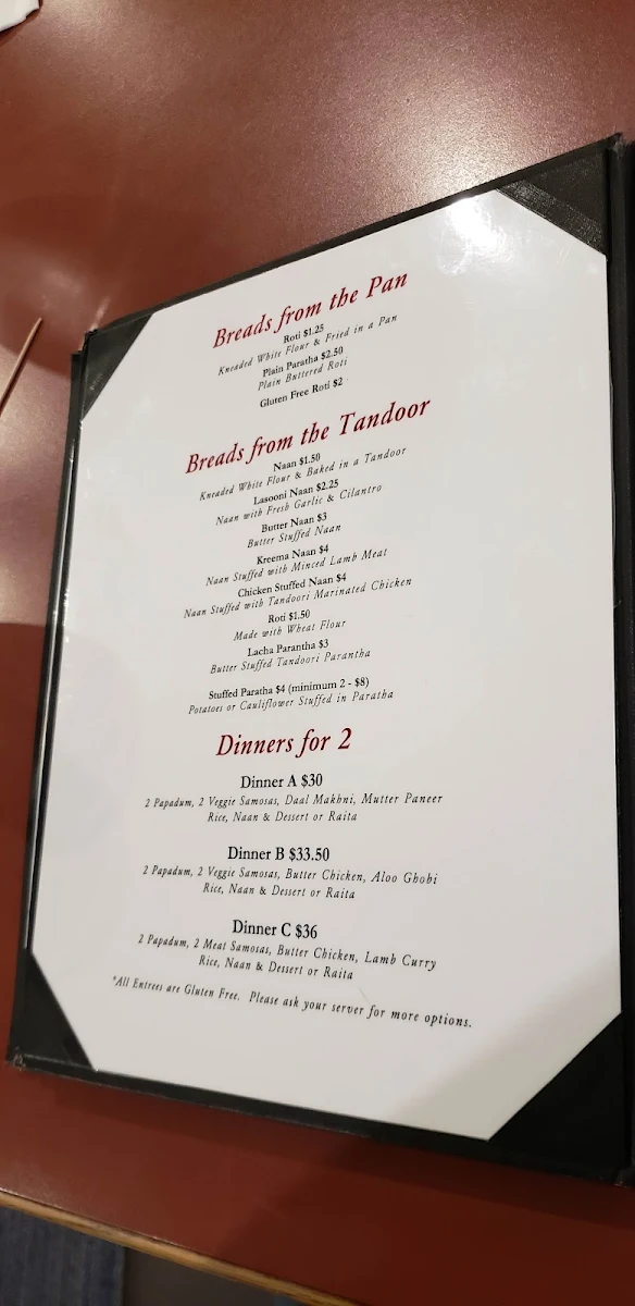 Menu, Gian's Indian Cuisine