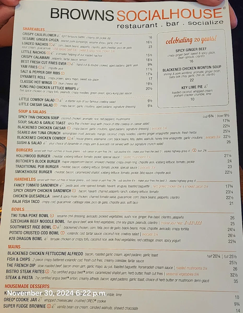 Menu, Browns Socialhouse Mccallum