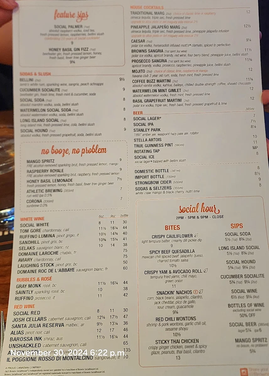 Menu, Browns Socialhouse Mccallum