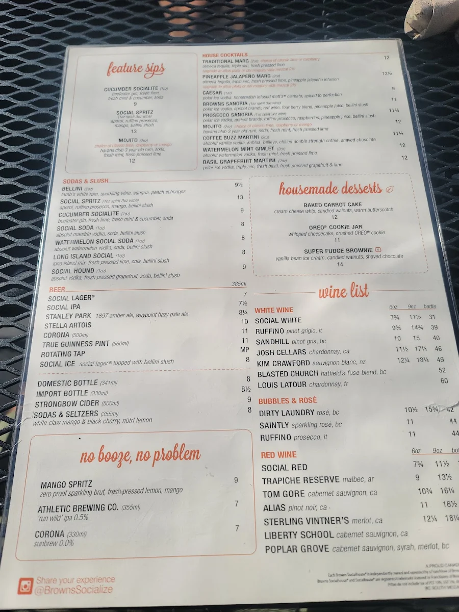 Menu, Browns Socialhouse Mccallum