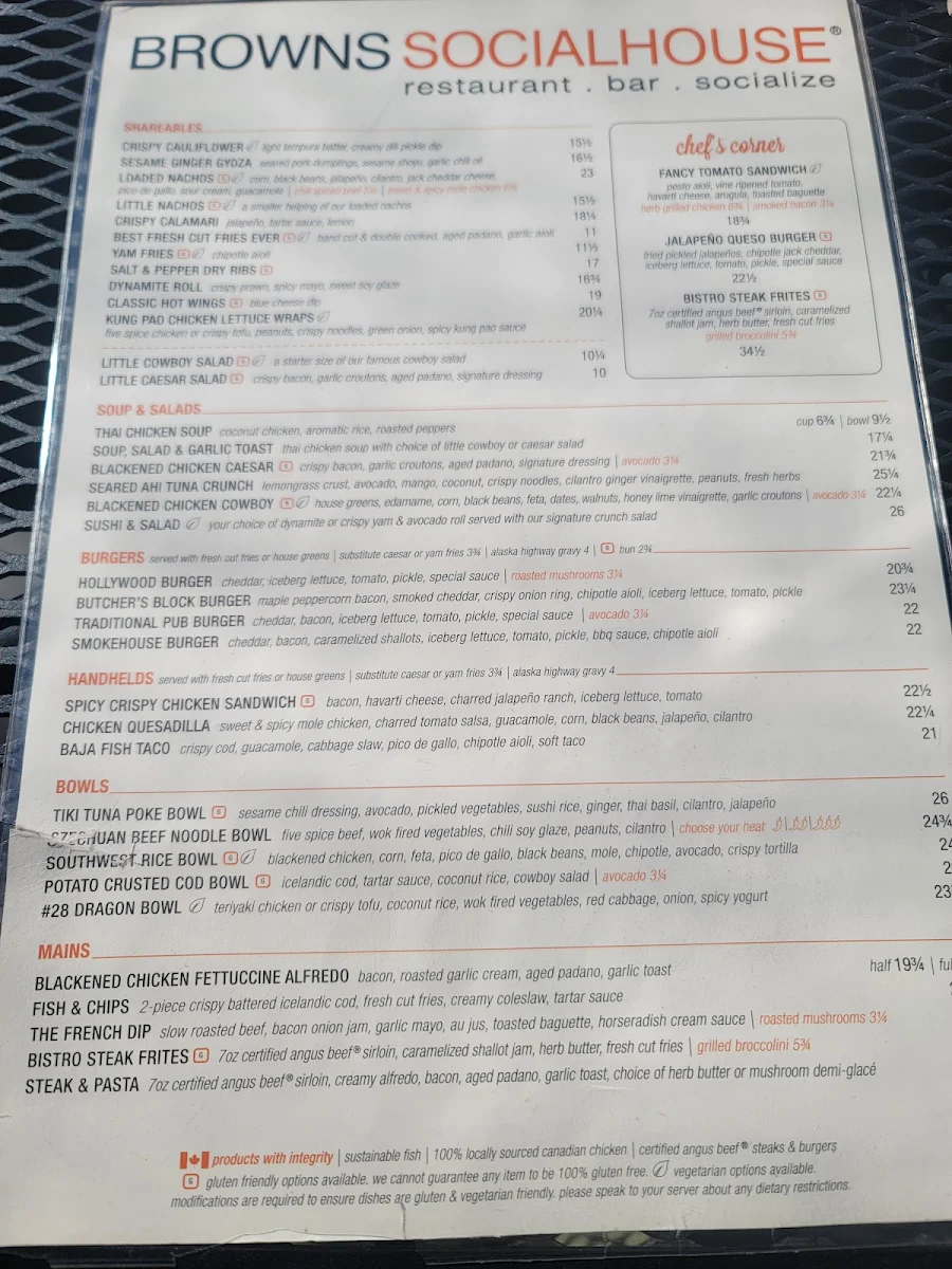 Menu, Browns Socialhouse Mccallum