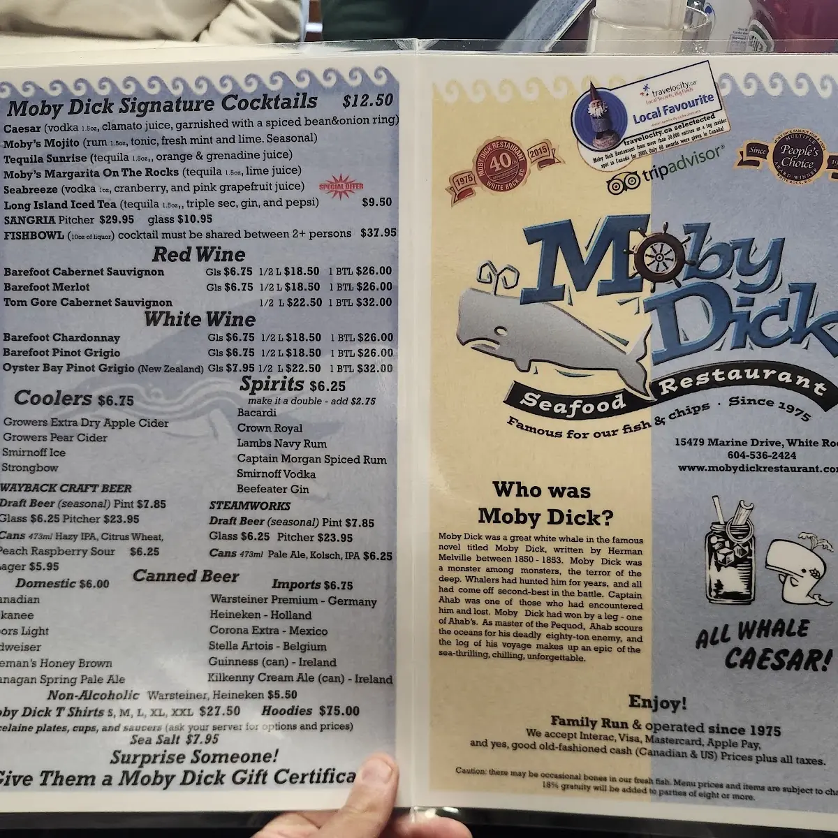 Menu, Moby Dick Restaurant