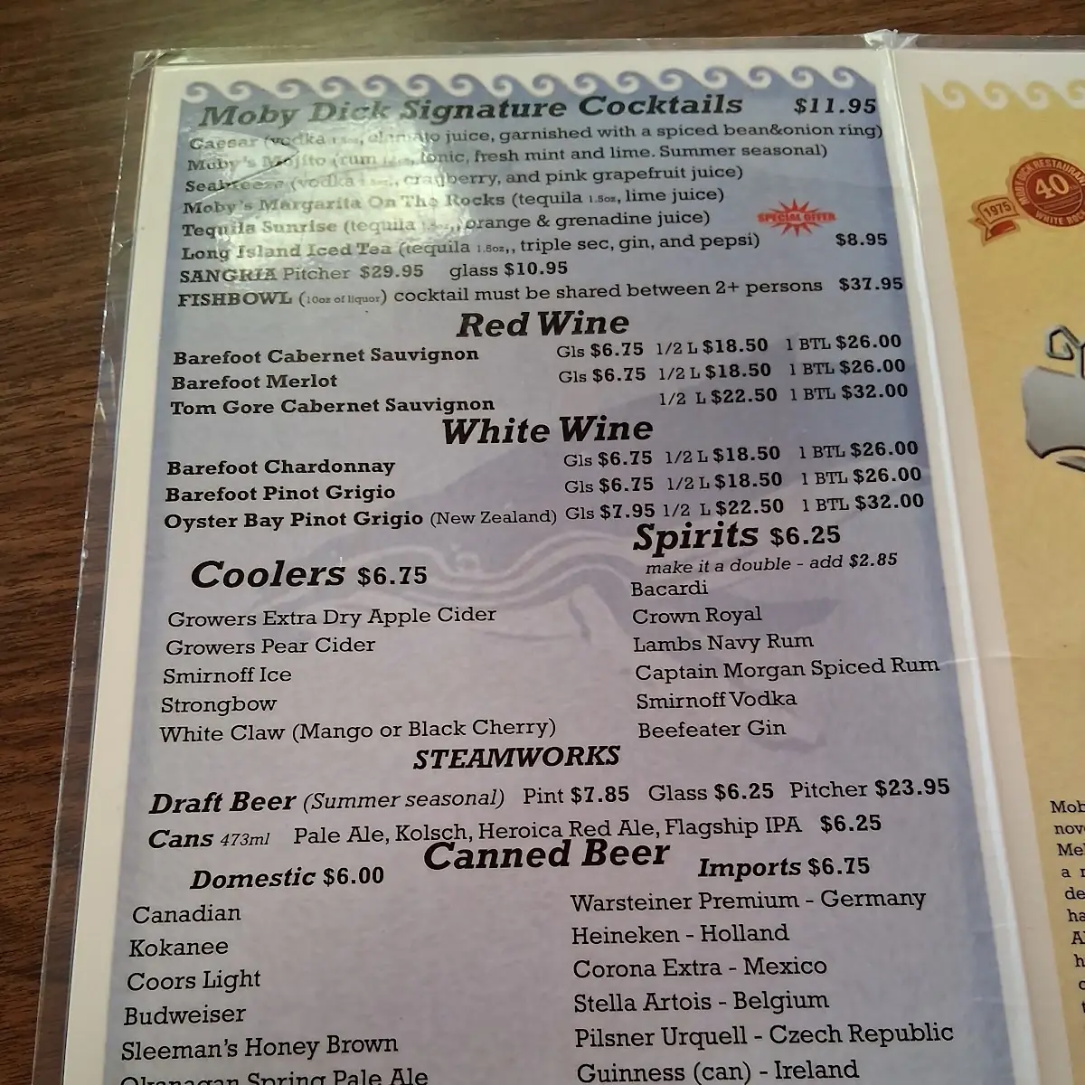 Menu, Moby Dick Restaurant
