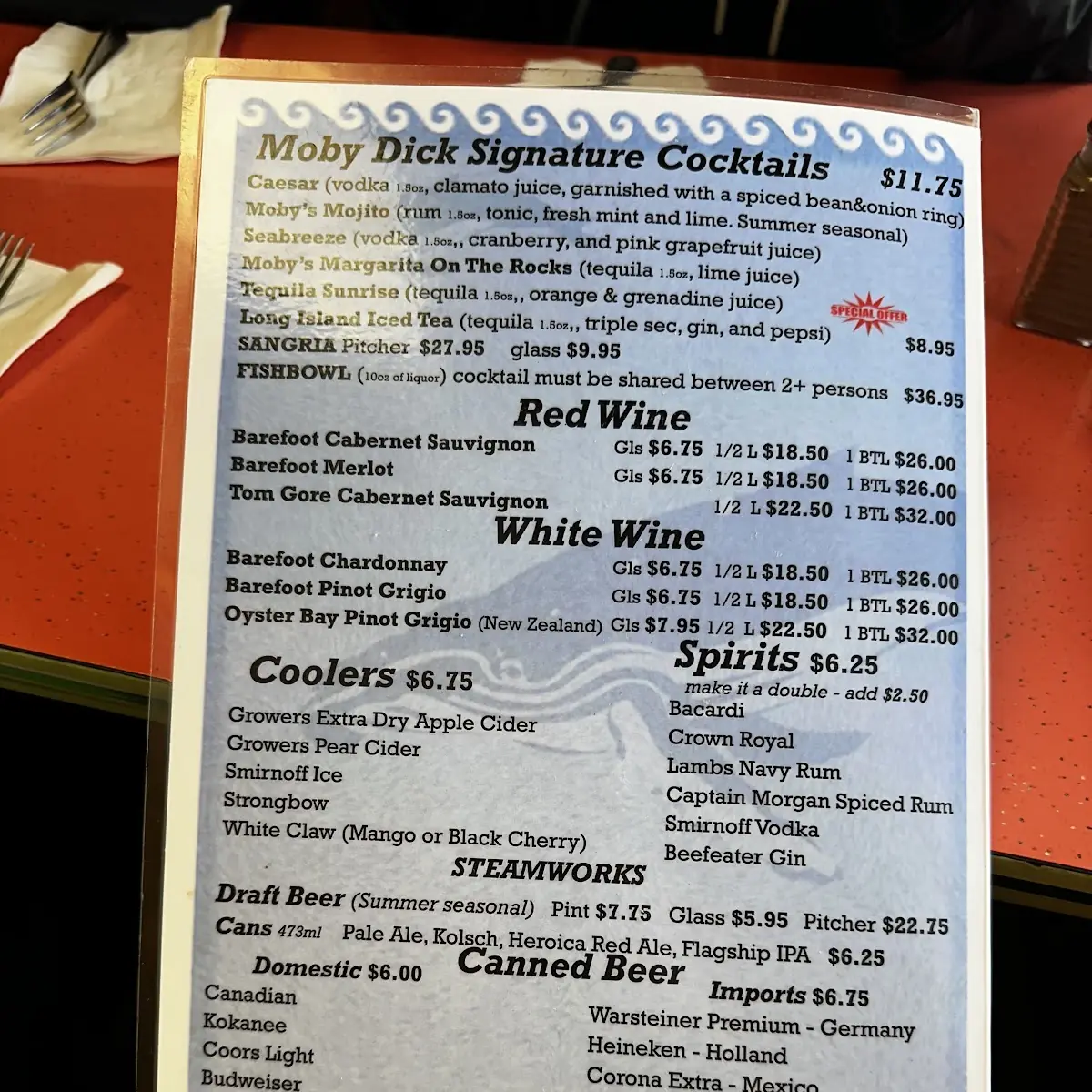 Menu, Moby Dick Restaurant