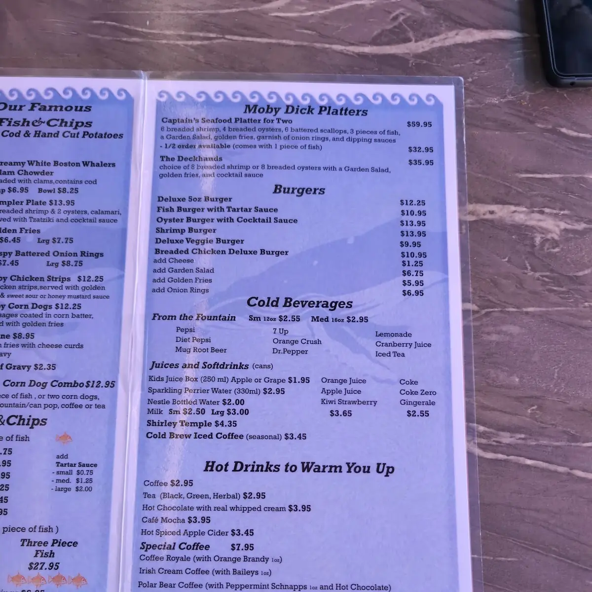 Menu, Moby Dick Restaurant
