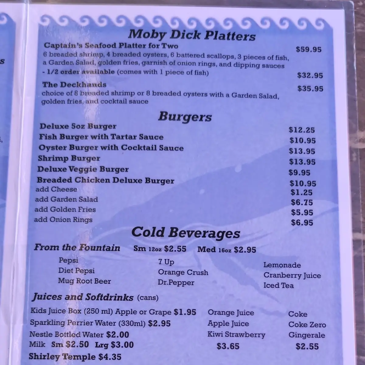 Menu, Moby Dick Restaurant