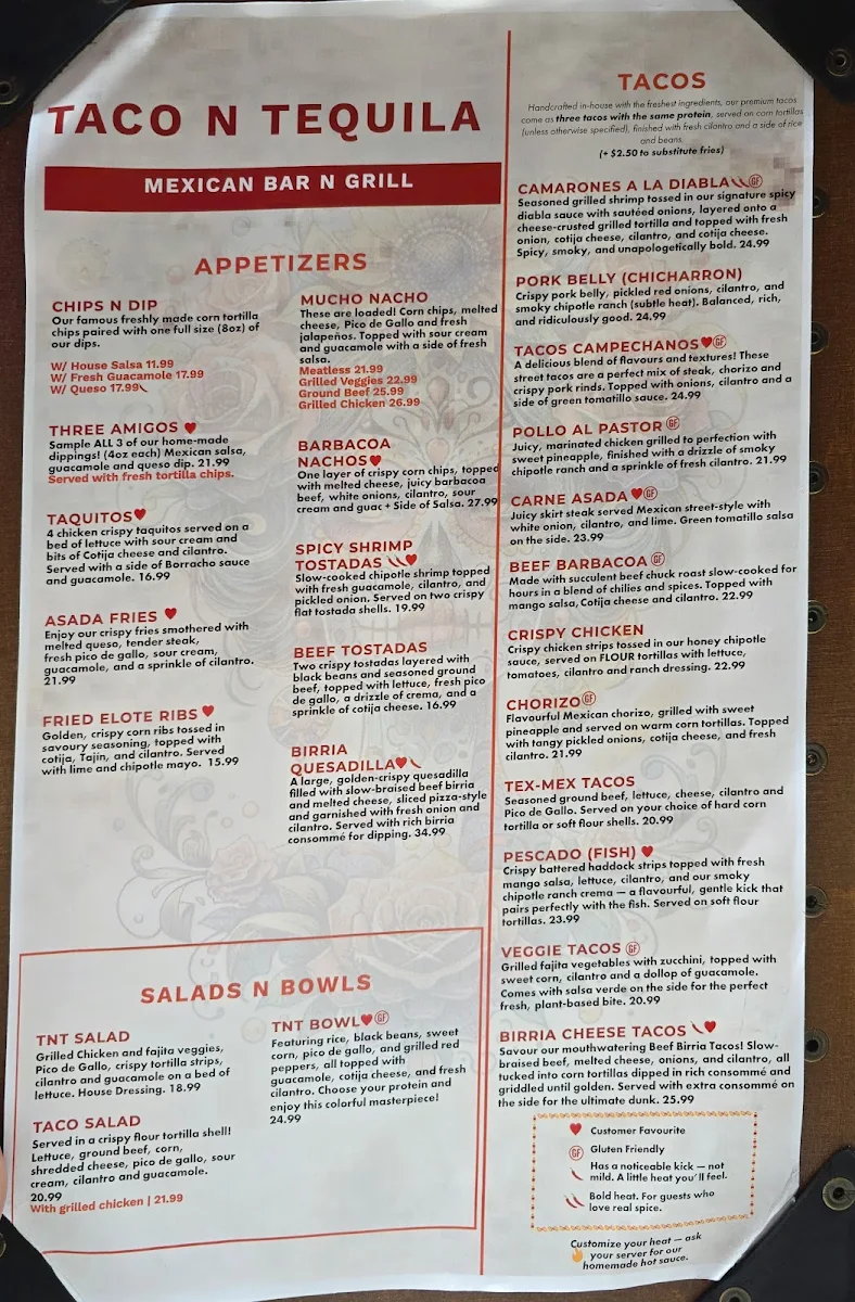 Menu, Taco N Tequila
