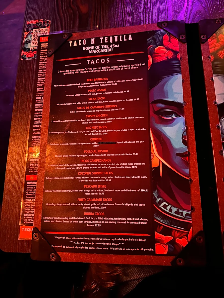 Menu, Taco N Tequila