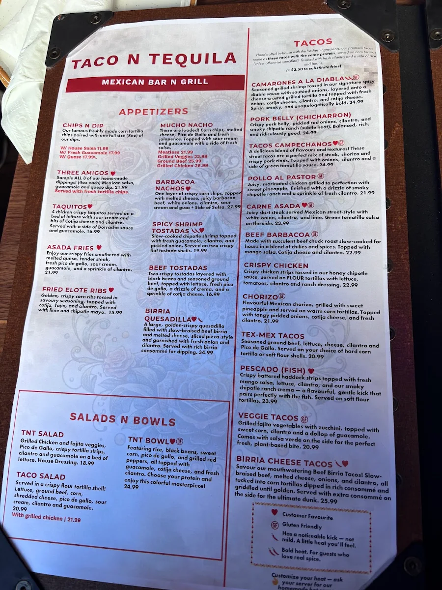 Menu, Taco N Tequila