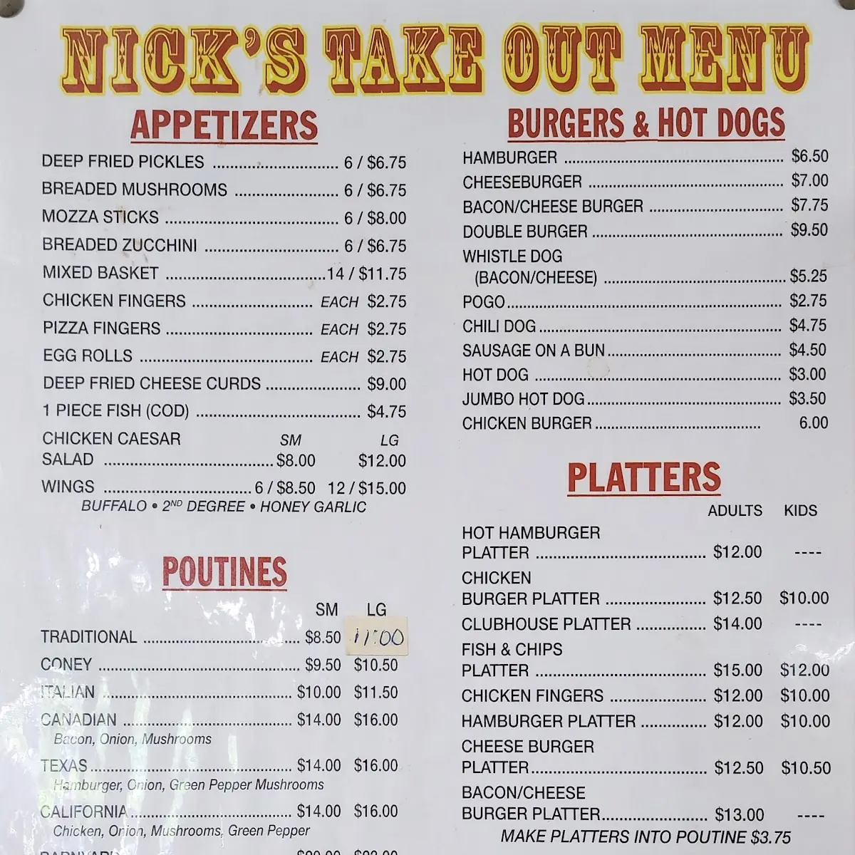 Menu, Nick's