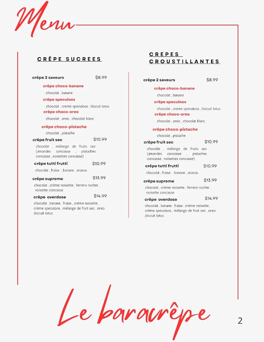 Menu, Lebaracrêpes