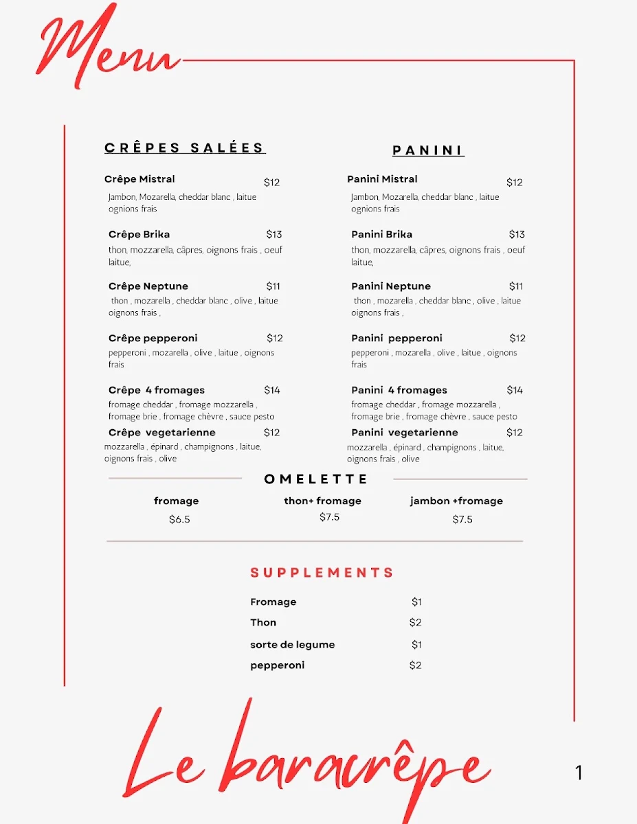 Menu, Lebaracrêpes