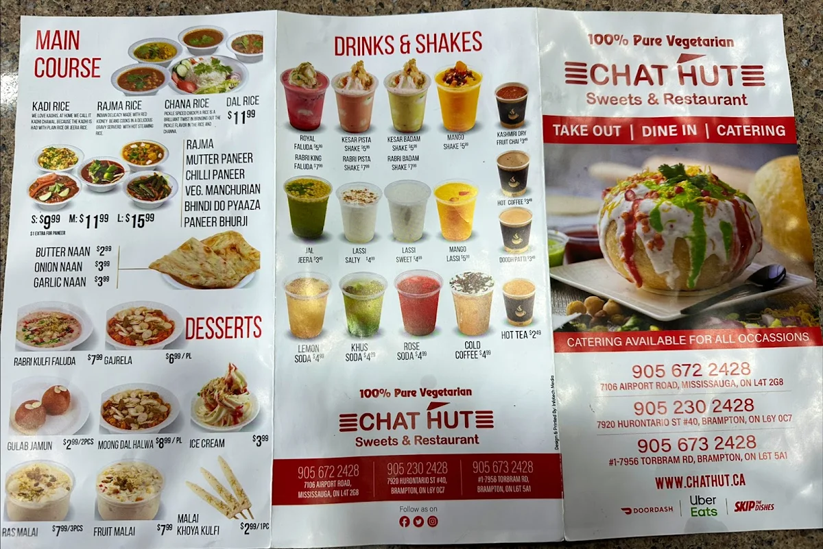 Menu, Chat Hut Sweets & Restaurant