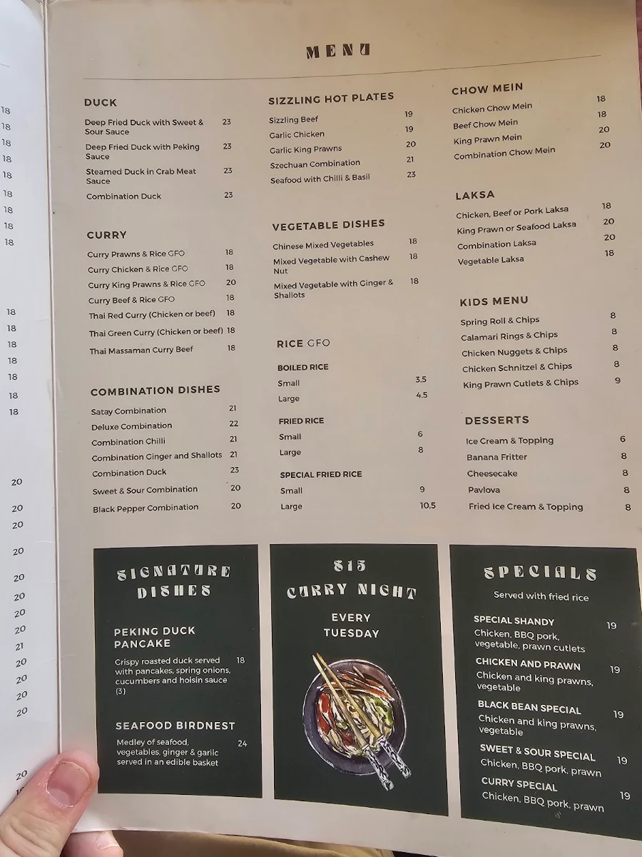 Menu, Jumbucks Chinese Fusion