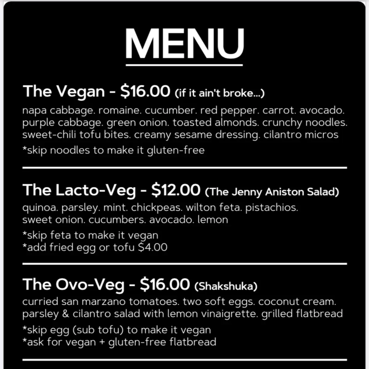 Menu, The Hungry Herbivore (food truck)