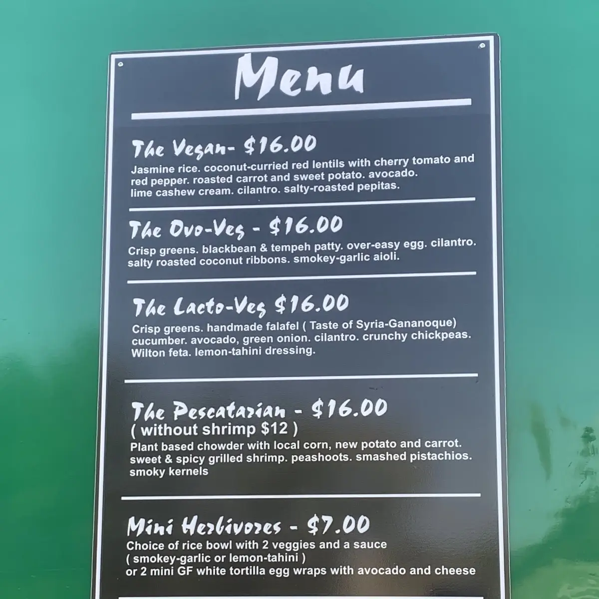 Menu, The Hungry Herbivore (food truck)