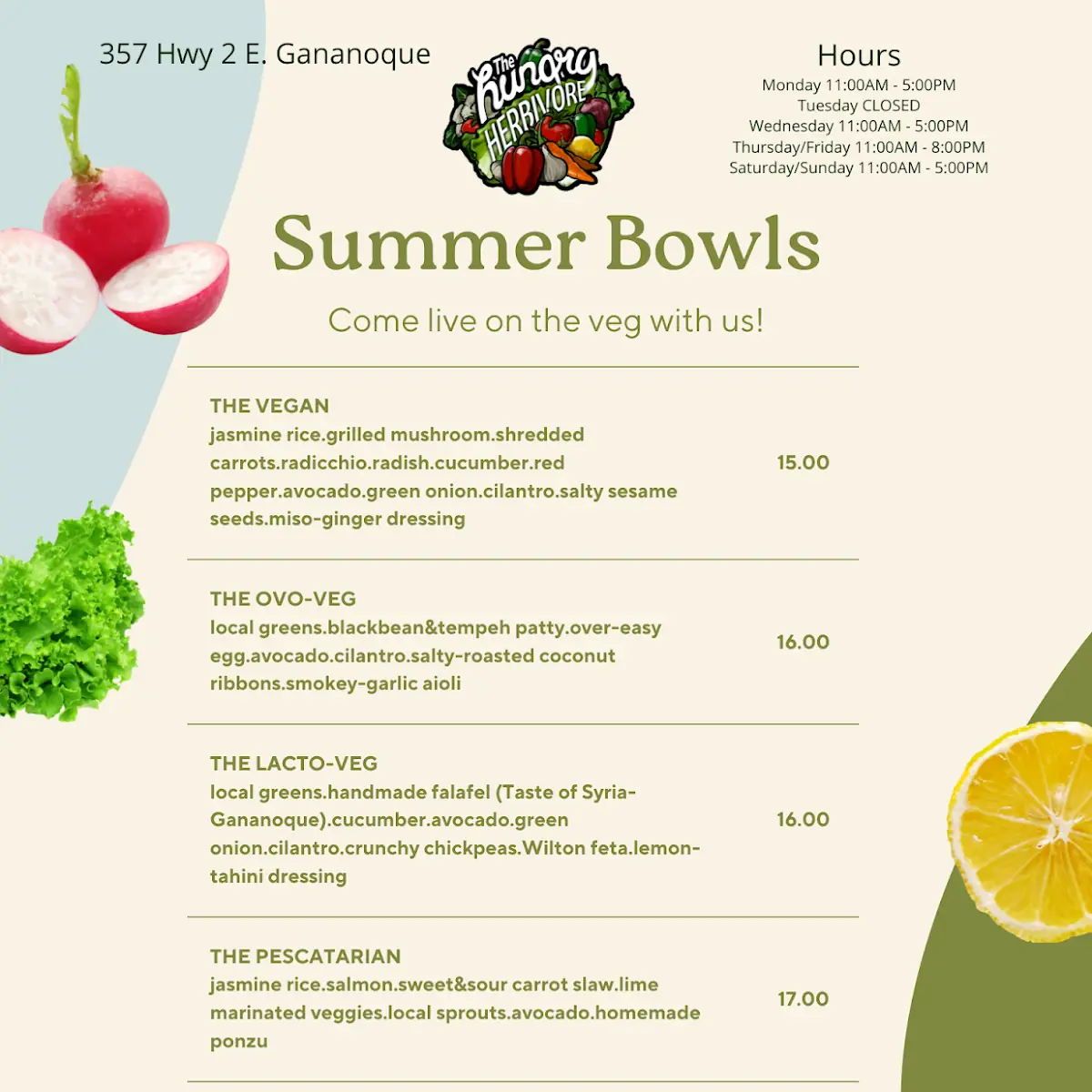 Menu, The Hungry Herbivore (food truck)