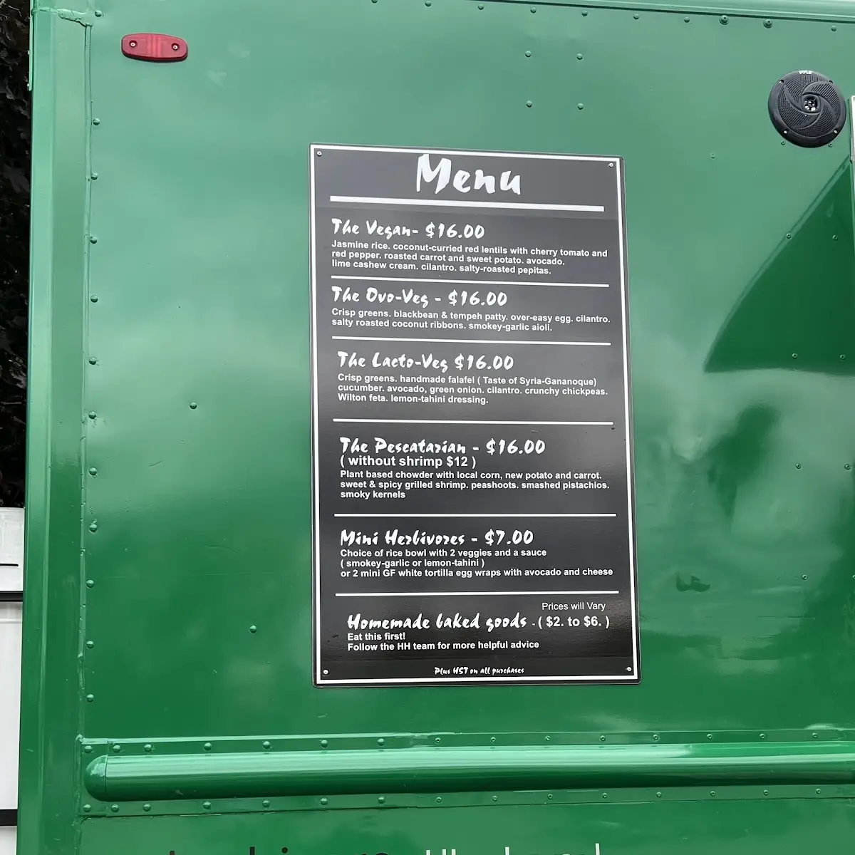 Menu, The Hungry Herbivore (food truck)