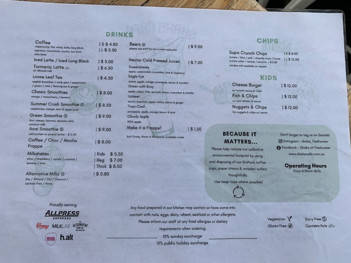 Menu, Shaka Cafe