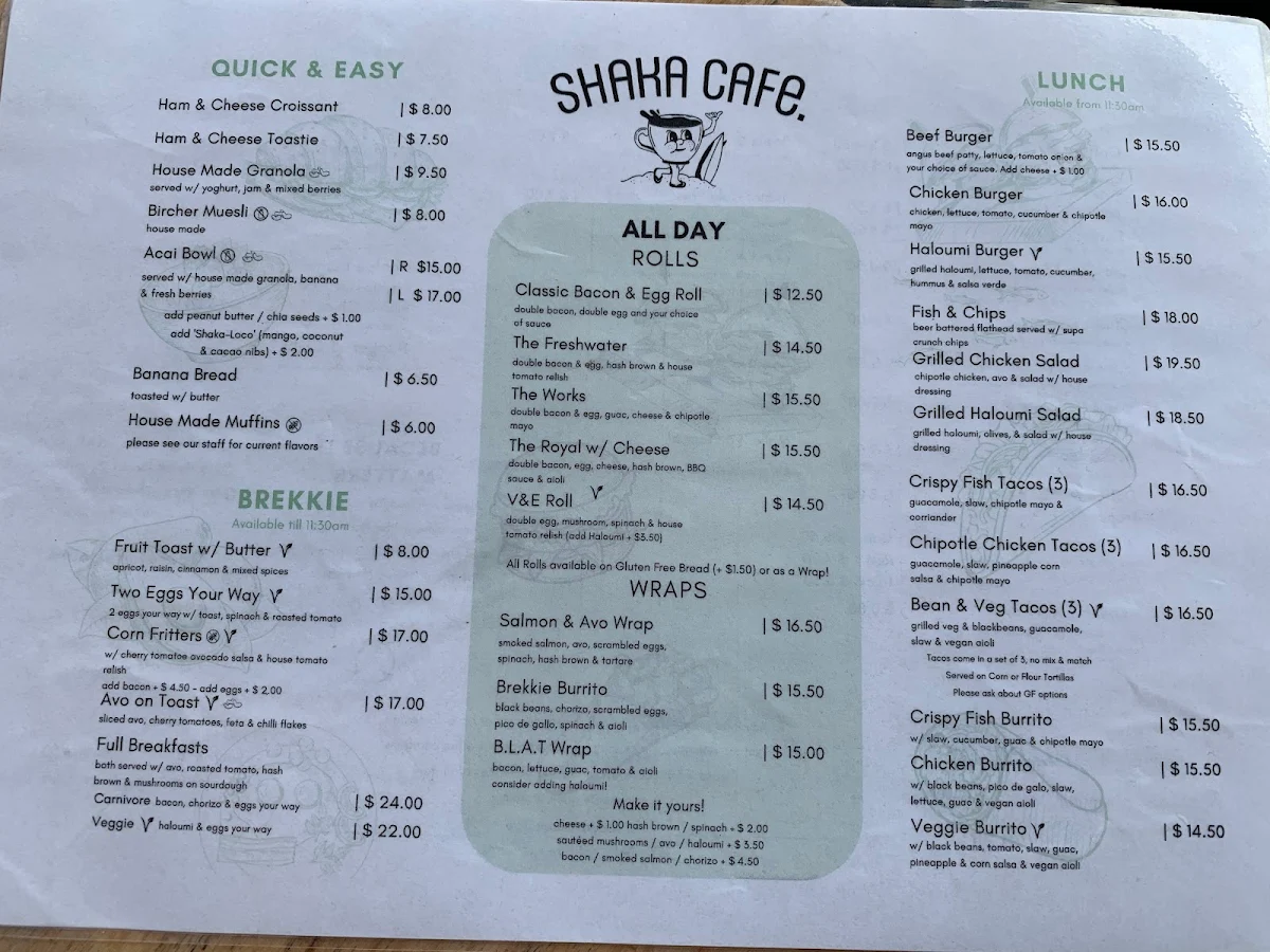 Menu, Shaka Cafe