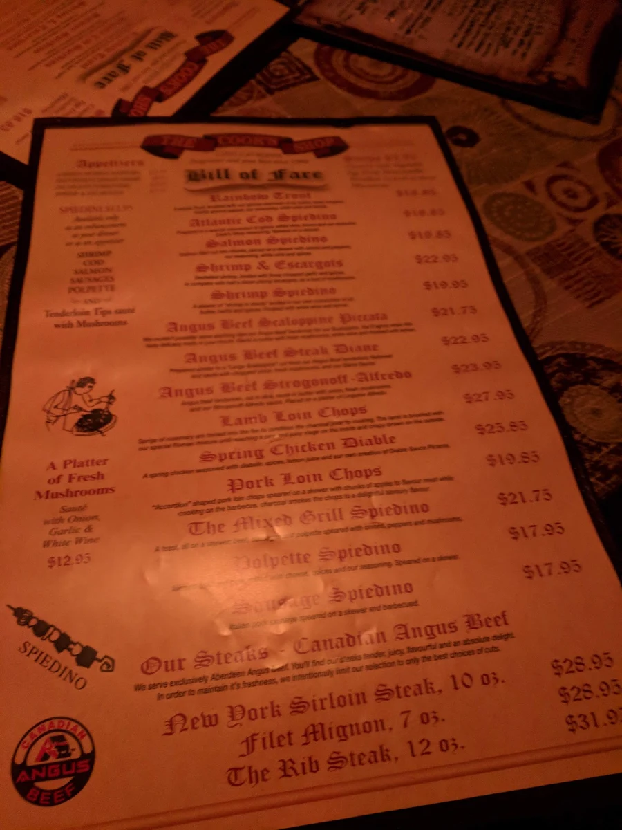 Menu, The Cook's Shop