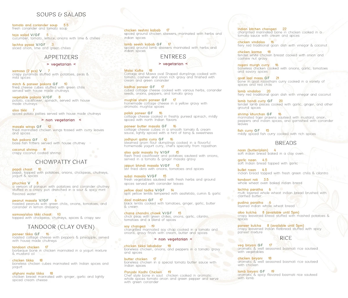 Menu, Inchin's Indian Kitchen